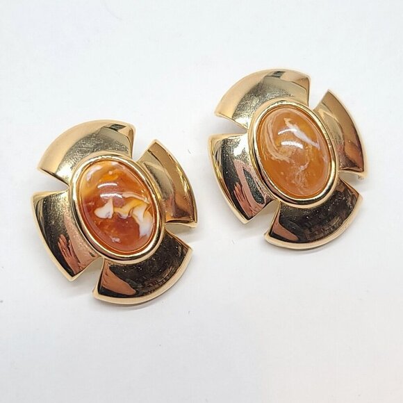 Givenchy Maltese Cross Gold Tone Clip-On Earrings Orange Gripoix Glass Cabochons - Picture 1 of 9